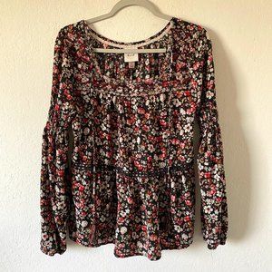 Knox Rose Babydoll Blouse Floral Womens Size M Embroidered Square Neck Tassel